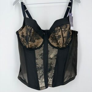 Cacique Black Lace Corset‎ 42DD Underwire Sheer Dark Coquette Whimsigoth  NEW